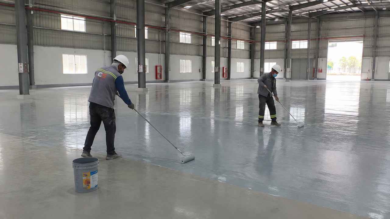 Thi công sơn epoxy sàn nhà xưởng KCN Nam Tân Uyên – bền đẹp, chống trơn trượt theo tiêu chuẩn công nghiệp