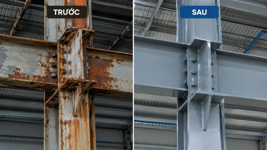 Kết quả trước và sau khi sơn lại khung thép nhà xưởng — sự khác biệt rõ rệt về thẩm mỹ và khả năng bảo vệ